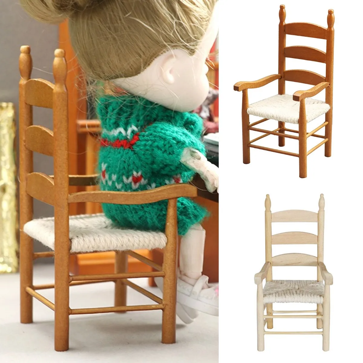

1:12 Dollhouse Miniature Furniture Mini Wooden Chair Cute Hemp Rope Seat Armchair Modle Toys For BJD Dolls House Accessories
