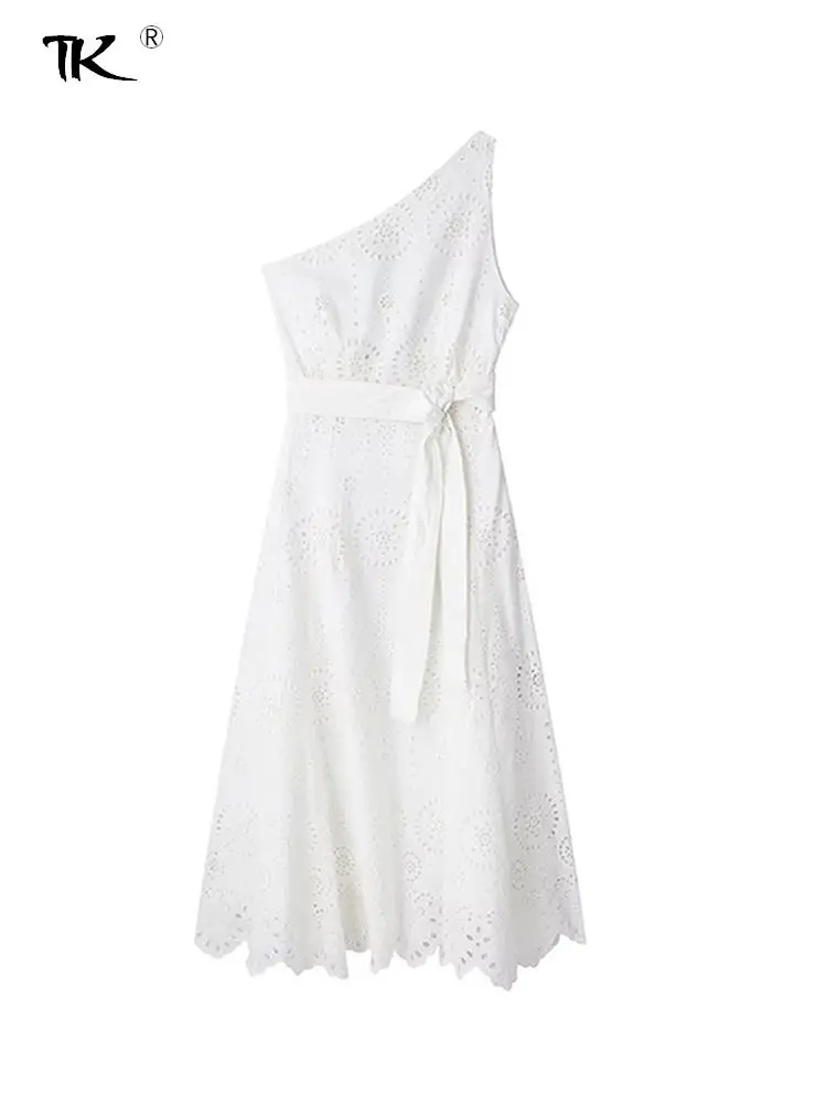 

Single Shoulder White Hollow Out A-line Dress Women's Summer Lace Up Diagonal Collar Vetidos Ruffled Elegant Zipper Dresses 2023