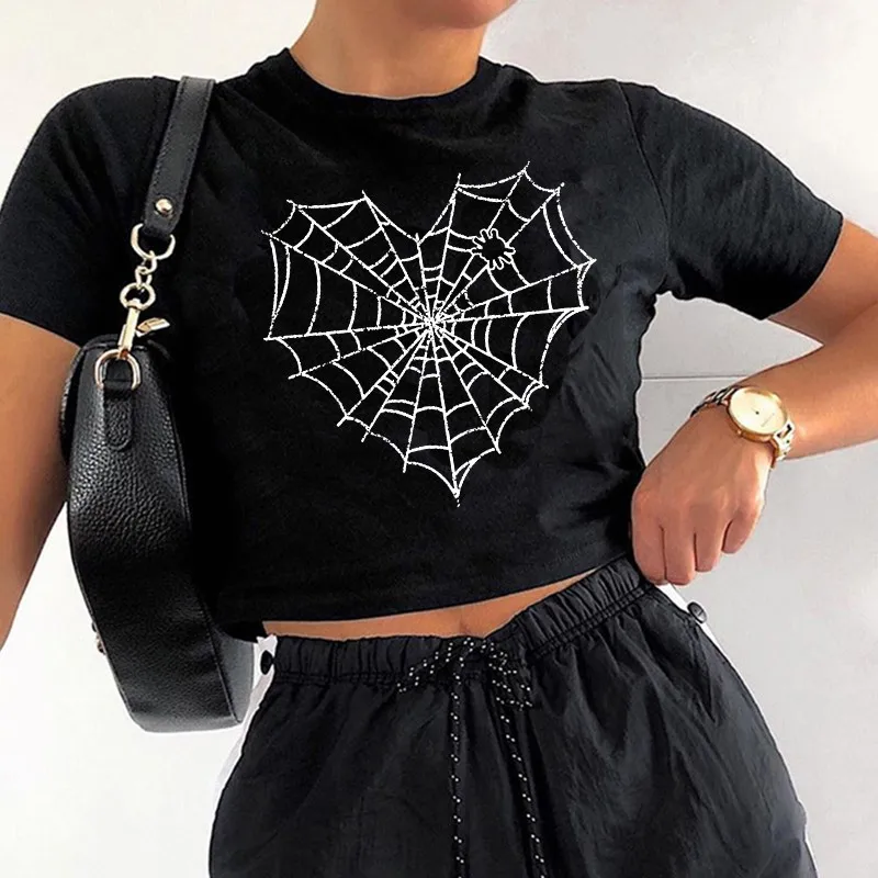 

Funny Spider Web Print Pattern Summer Kawaii Harajuku Women Crop Top Korean Style New Popular Goth Punk Y2K Female Slim T-shirt