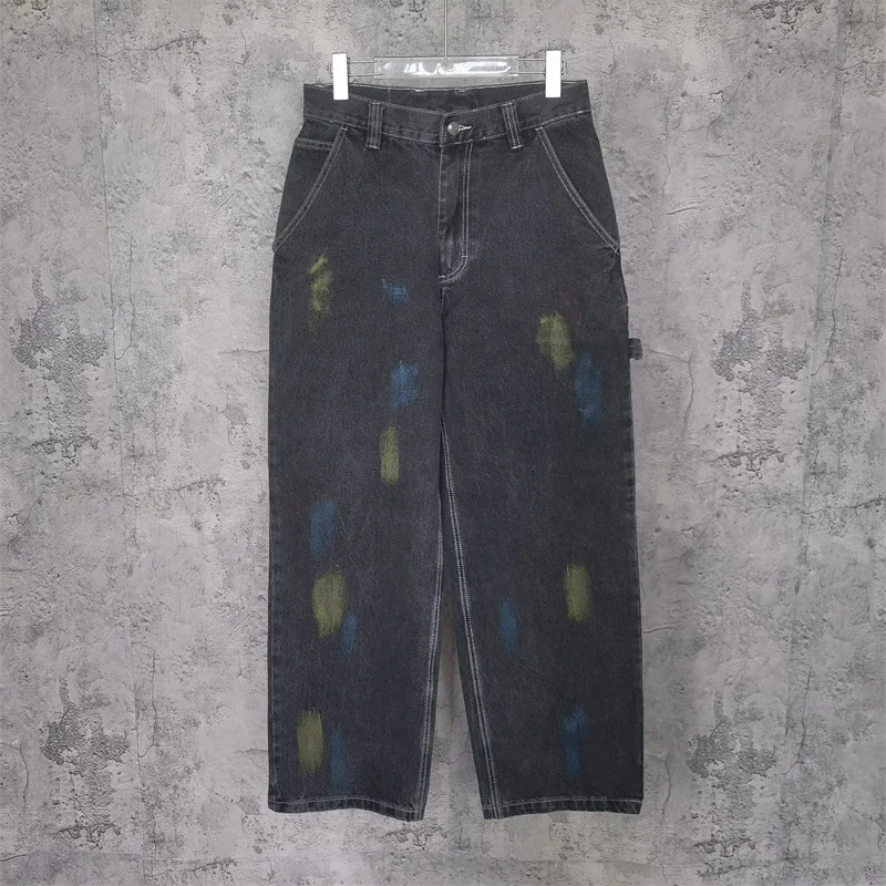 

MM6 Speckled Graffiti Super Large Jeans High Street Vintage Wash Black Straight Leg Denim Casual Pants