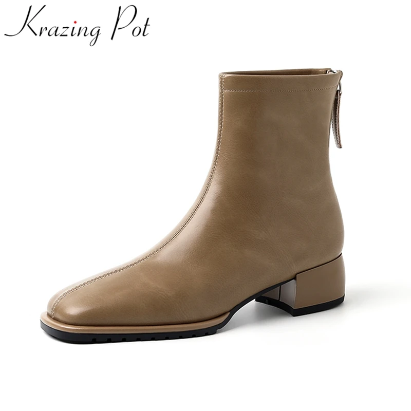 

Krazing Pot 2023 Genuine Leather Square Toe Modern Boots Zipper Med Heels Warm Winter Classics Party Solid Elegant Ankle Boots