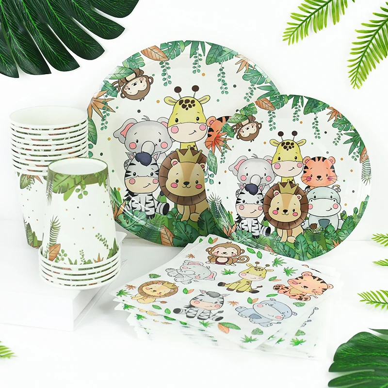 

Jungle Animals Party Disposable Tableware Set Paper Plate Cup Napkin Banner Kids Boy Forest Safari Theme Birthday Party Supplies