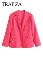 traf za women office blazer jacket solid rose red fashion single button long sleeve suit collar casual coat lady spring autumn