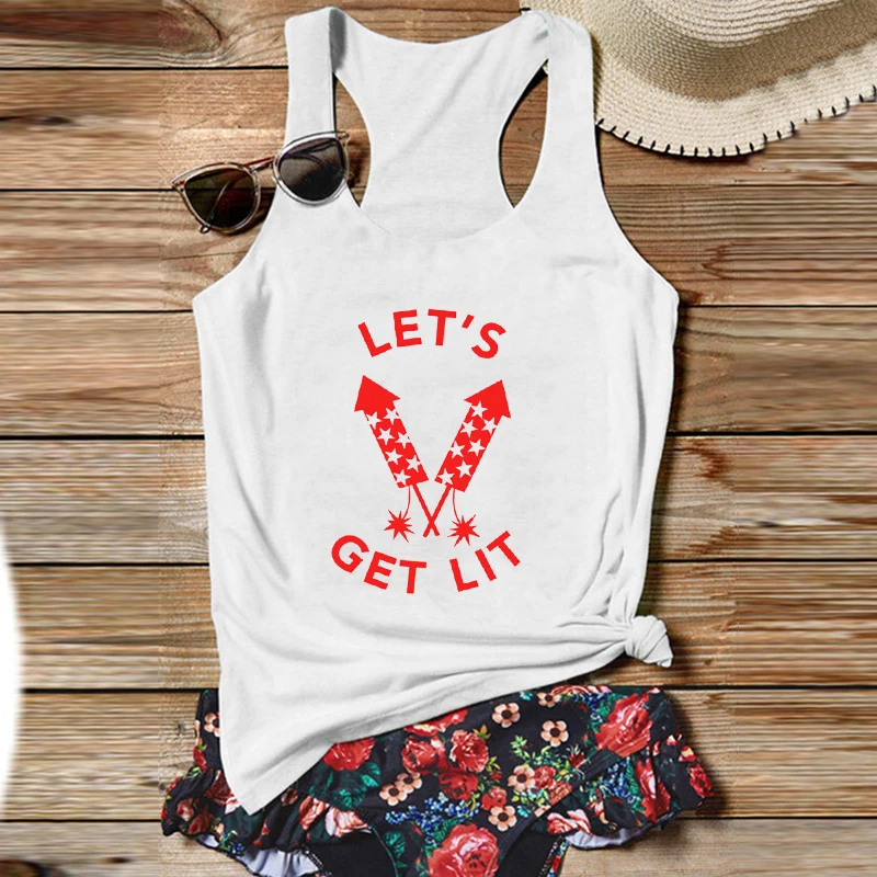 

Fireworks Tank Top July Fourth Tanks Let's Get Lit Patriotic Muscle Tank Top Workout Muscle Shirts Funny 4th of July Tops