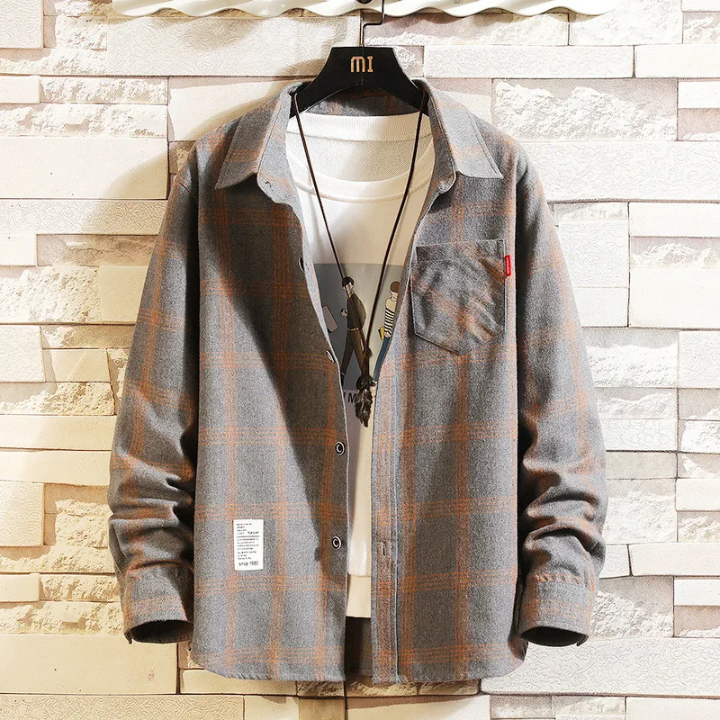 

Autumn Plaid Shirt Men's Korean Version Trend Loose Long-sleeved Tops Tooling Handsome Japanese Casual All-match Office Man Coat