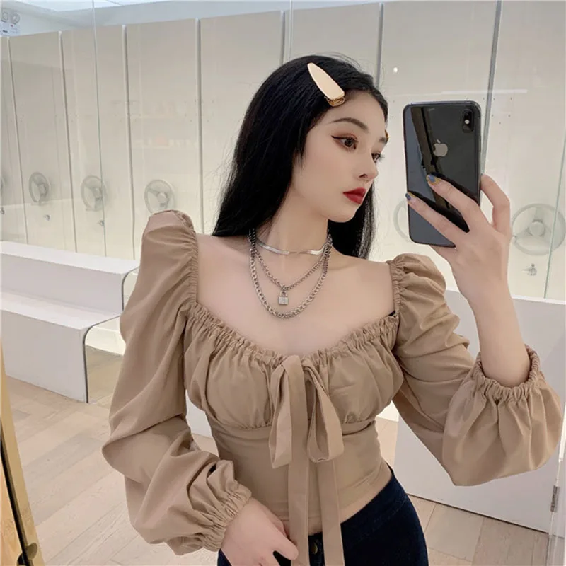 

Chiffon Shirt Women Tops Spring Sexy All-match Square Collar Clavicle Exposed Drawstr Pleated Puff Sleeve Short Blouse