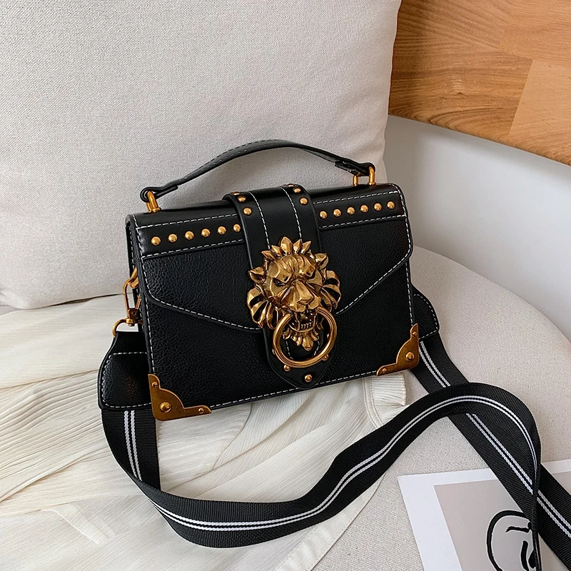 

Female Fashion Handbags Popular Girls Crossbody Bags Totes Woman Metal Lion Head Brand Shoulder Purse Mini Square Messenger Bag