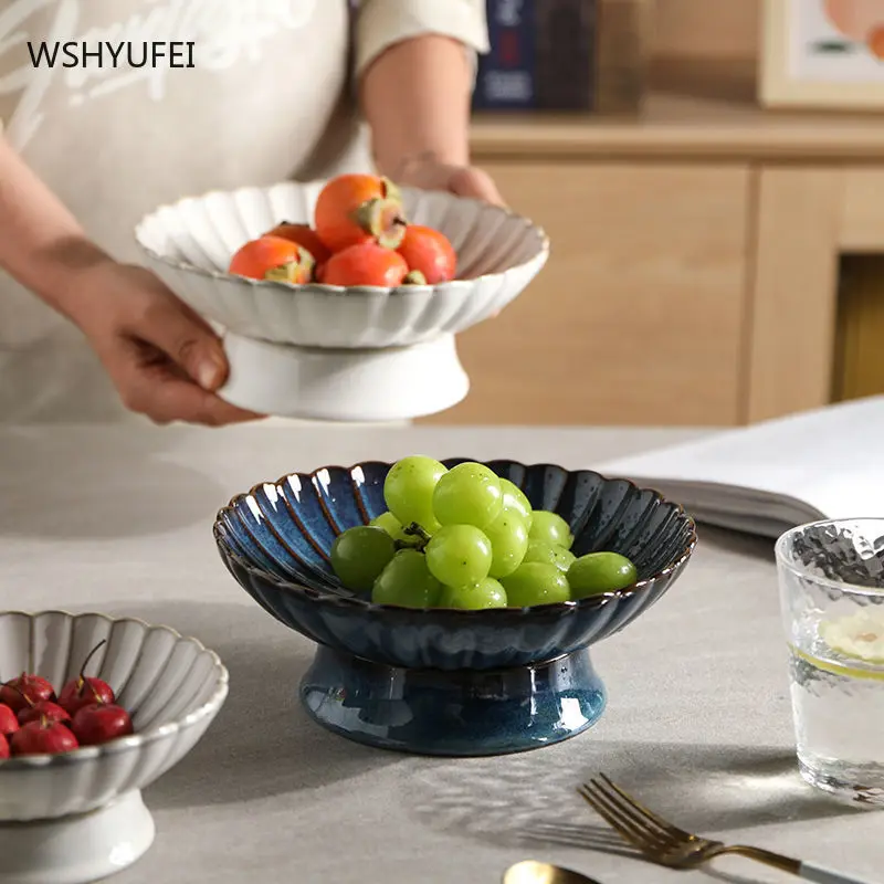 

Japanese High Plate Ceramic Refreshment Trays Home Snack Fruit Plates Lace Fruit Snack Snack Tray Household Products Kitchenware