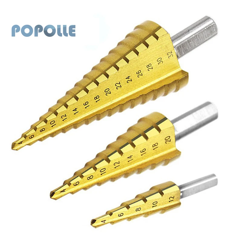 3pcs/set 4-12/20/32mm Titanium Plated Step Drill Bits Hexagon Shank Straight Slot HSS Tapered Drill Bits Wood Metal Hole Saw