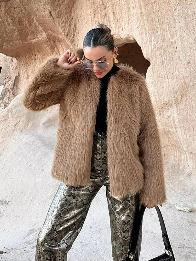 

Женский кардиган из искусственного меха, куртка с круглым вырезом и длинным рукавом, меховая туника, новинка сезона осень-зима 2023, женская модная уличная теплая верхняя одежда