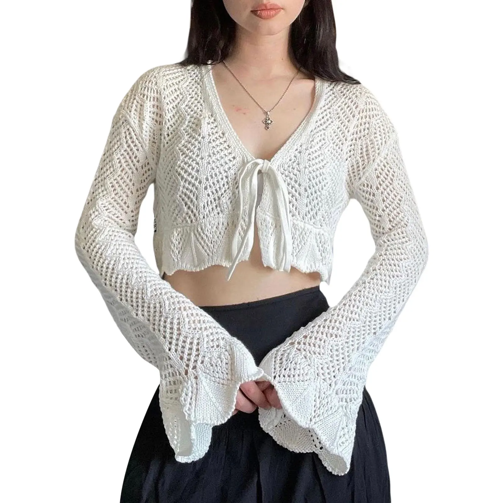 

Women's Long Sleeve Crop Tops Solid Color Front Tie-Up Cardigan Casual Simple Style Blouse White