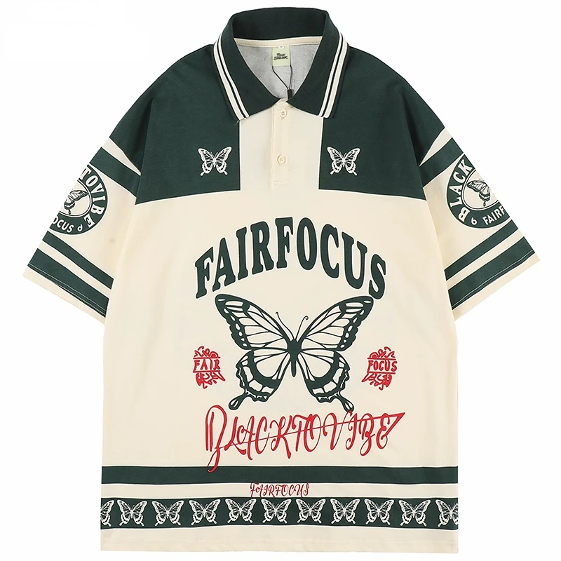 

2023 Summer Men Hip Hop Streetwear Polo T-Shirt Butterfly Graphic Polo Shirt Vintage Casual Fashion Printed Cotton Tops Tees