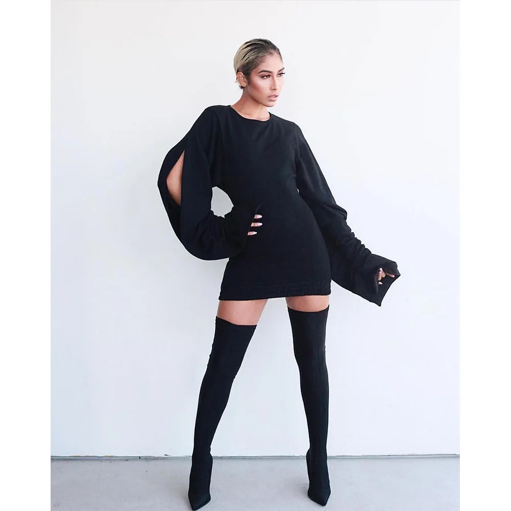

2022 Fashion Trend Unique Design Bubble Wood Ear Sleeves Dress for Women Contrasting Cutout Panels Drawstring Slim-fit Hip Skirt