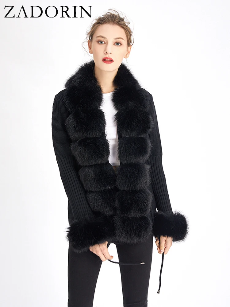 ZADORIN Luxury Fur Cardigan Knit Winter Sweater Women Elegant Detachable Fur Belt White Pink Black Womens Cardigan Korea Style