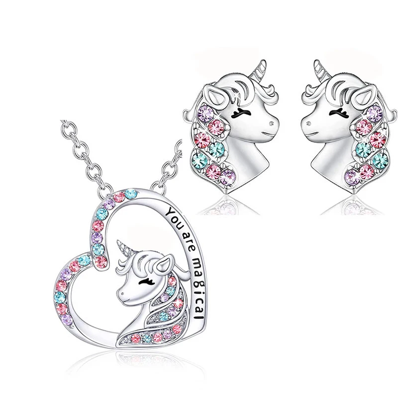 

Fashion Girl You Are Magical Cute Lucky Unicorn Necklace Stud Earrings Birthstone Horse Jewelry Gift for Girls Friends Sisters