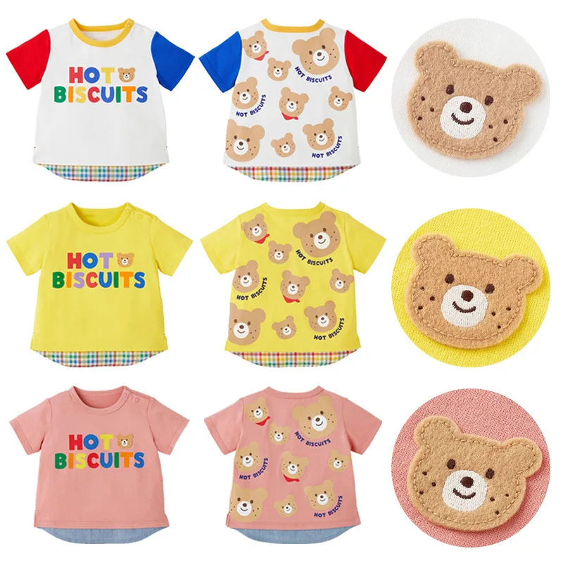 

Miki Children's Clothes Summer New Boy and Girl Cartoon Pockmarked Bear Embroidery Short Sleeve Fake Two-piece T-shirt Sibling