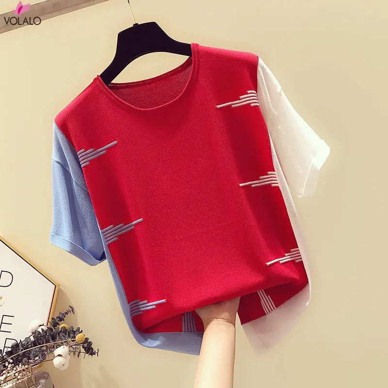 

VOLALO Casual Slim Women Tops Nice Short Sleeve Ladies Shirt Korean Blouse Women Blusas Mujer 2023 Summer Knitted Tee Shirt