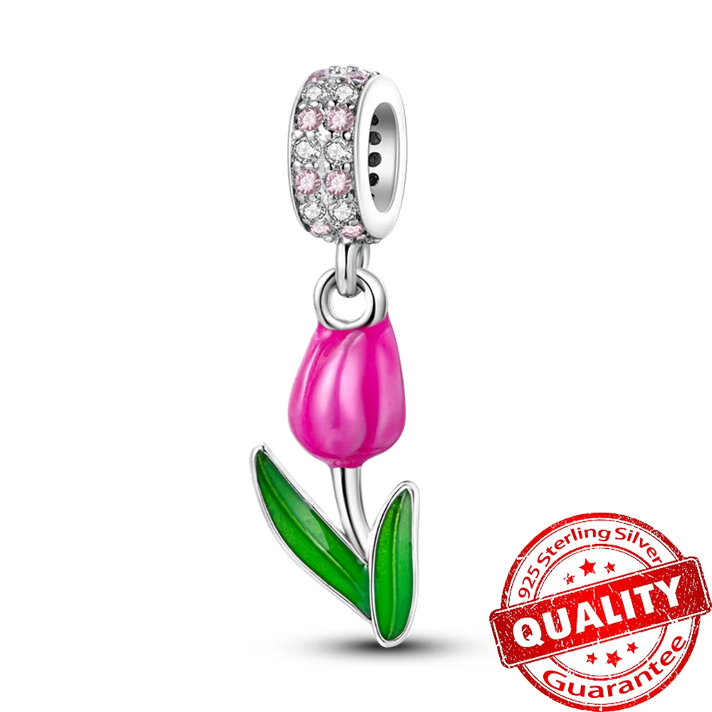 

Romantic 925 Sterling Silver Pink Tulip Dangle Charm Fit Pandora 3mm Bracelet CZ Zircon Necklace Pendant DIY Jewelry