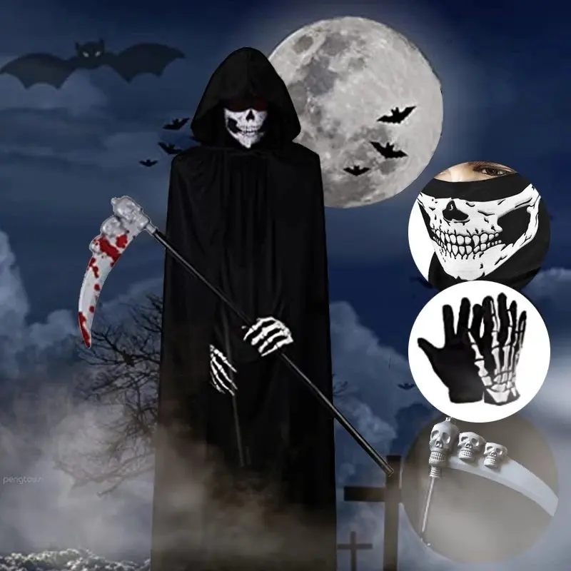 

Halloween Grim Reaper Cosplay Costume Party Decoration Adult horror Reaper Witchcraft Robe Hooded Black Cape Masks Costume Props
