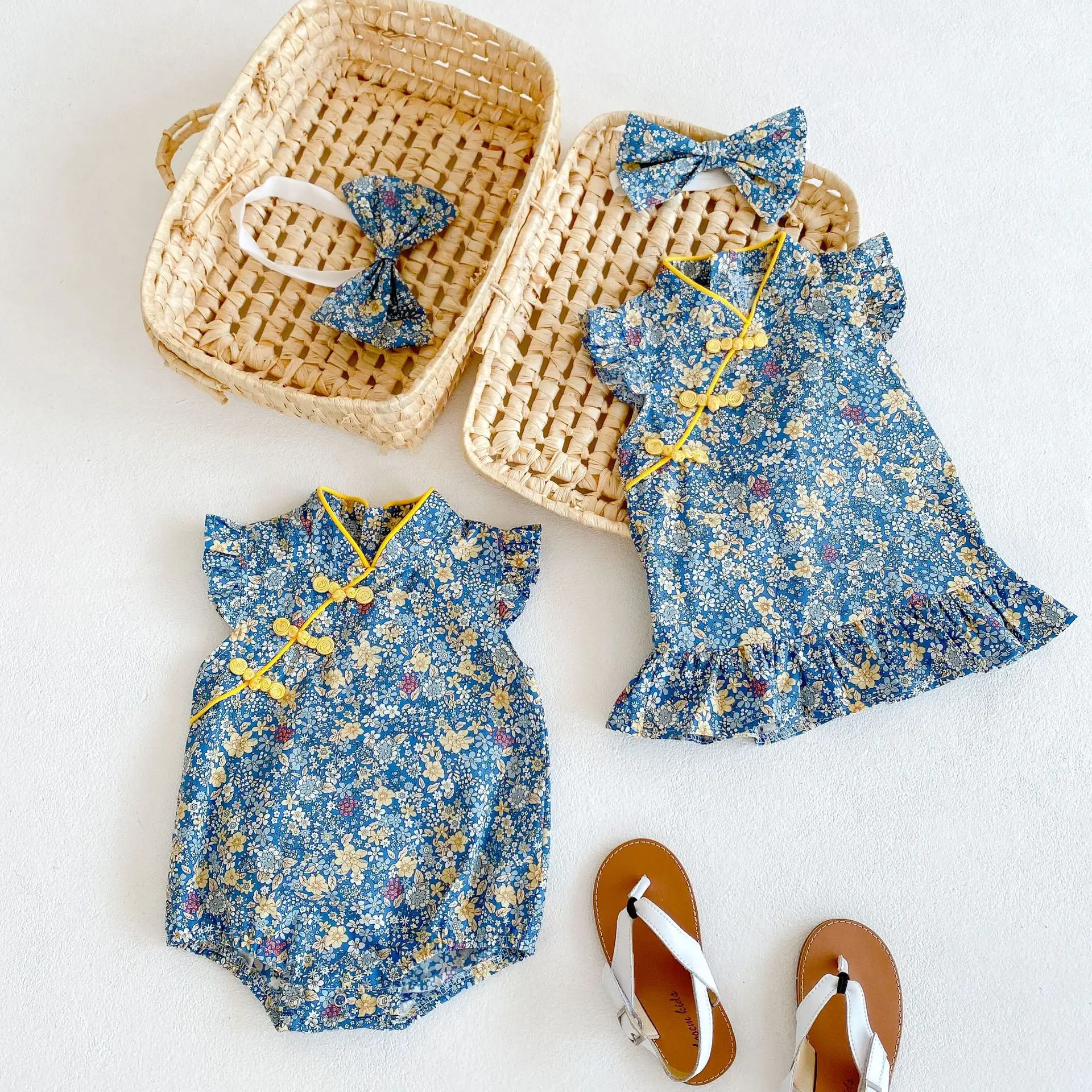 

Cotton Baby Girl Clothes Costumes Floral Print Headband Boutique Summer For Newborn Cute Rompers Jumpsuit Blue Dress 3 24 Months