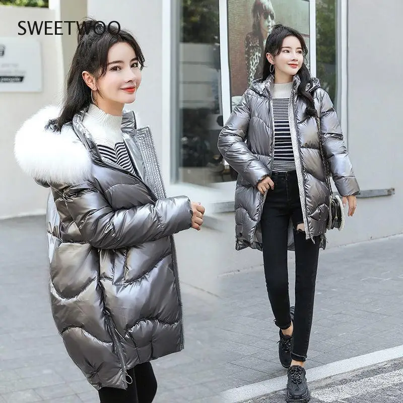 2021 Winter Jacket Women's Parkas Hooded Big Fur Collar Down Cotton Jacket Glossy Long Parka Thick Padded Female Casual Outwear