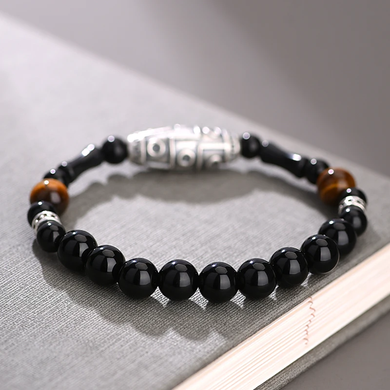 Браслет из чистого серебра ZABRA 999 пробы с обсидиановыми бусинами для мужчин и