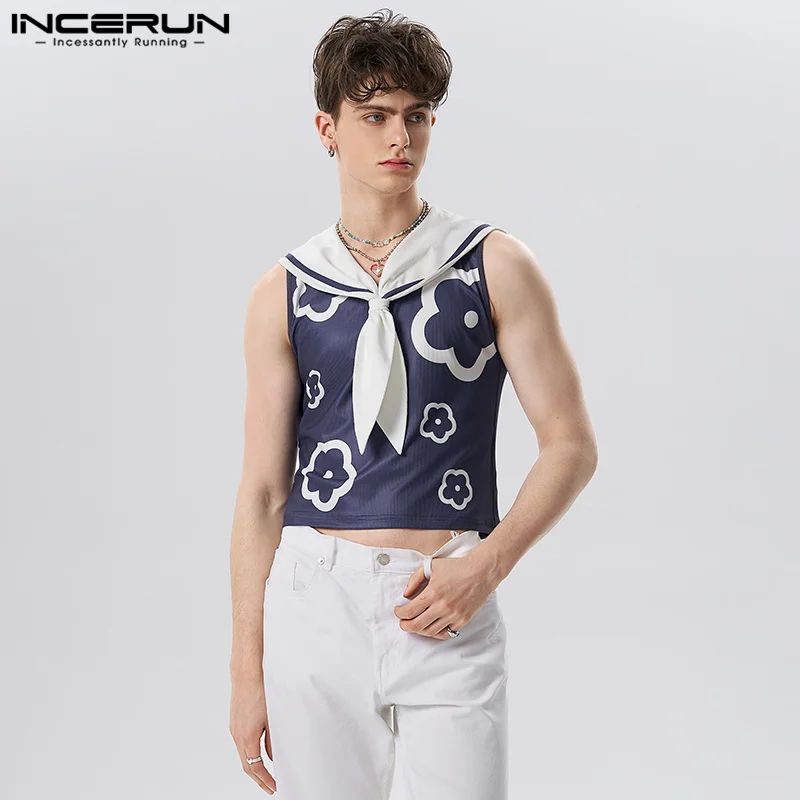 

Повседневные хорошо облегающие Топы INCERUN, новые мужские темно-синие майки с воротником, Модные свободные Безрукавки на бретелях с забавным рисунком, женский жилет