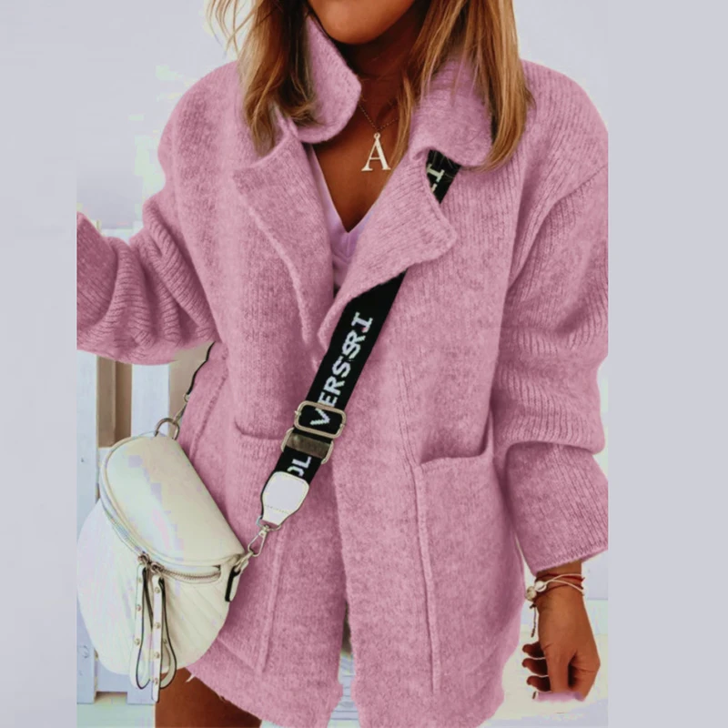 

Women's Elegant Knitted Sweater Cardigan Jacket Autumn and Winter Lapel Tops Retro Warm Pocket Long Sleeve Jacket Top
