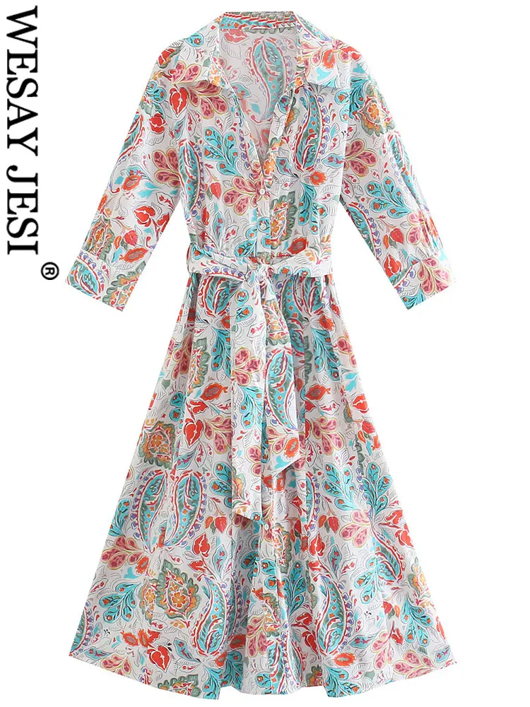 

WESAY JESI Printed Shirt Ladies Long Dress Lapel Single Breasted Commuter Elegant Belt Bow Cuff Button Fashion Dress Trend Women