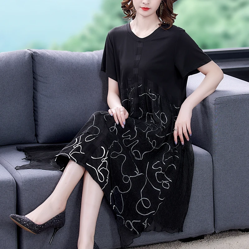 

Черное Сетчатое лоскутное платье средней длины с принтом, женское летнее Элегантное повседневное свободное строгое платье с поясом, корейское винтажное платье в стиле Хепберн 2023