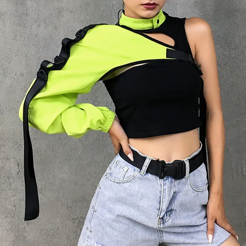 

Harajuku Punk Reflective T Shirt Irregular One Shoulder Buckle Long Sleeve Crop Top y2k Streetwear Smock Tee Shirts Femme
