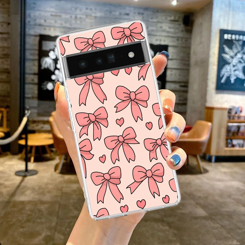 Phone Case For Google Pixel 9 8 7 6 9A 8A 7A 6A 5 4 5A 4A 3A Pro XL Soft Clear TPU Transparent Cover Cute Pink Heart Bow (art.: 3920cf128ae2a) - 3920cf128ae2a