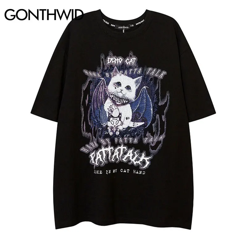 

Футболка оверсайз в стиле хип-хоп, уличная одежда в стиле Харадзюку, футболка с графическим принтом «летучая мышь», Готическая панковская ф...