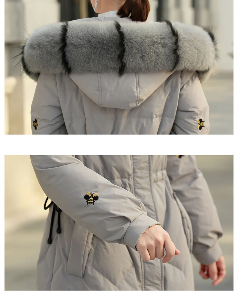 Woman Jacket Loose Washed Fashion Embroidery Cotton Coat Winter Clothes with Raccoon Fur Collar Thick Warm Hooded Female Parkas