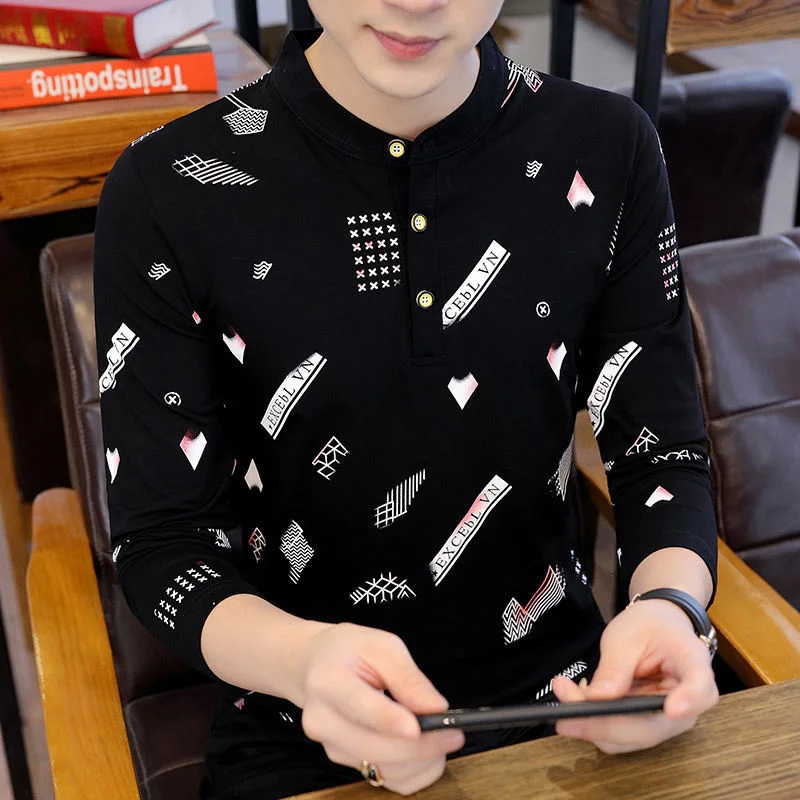 

95% Cotton Spring Autumn Men Long Sleeve T-shirts Printed Stand Collar Polo Shirts for Slim Design Boys Tops Tees