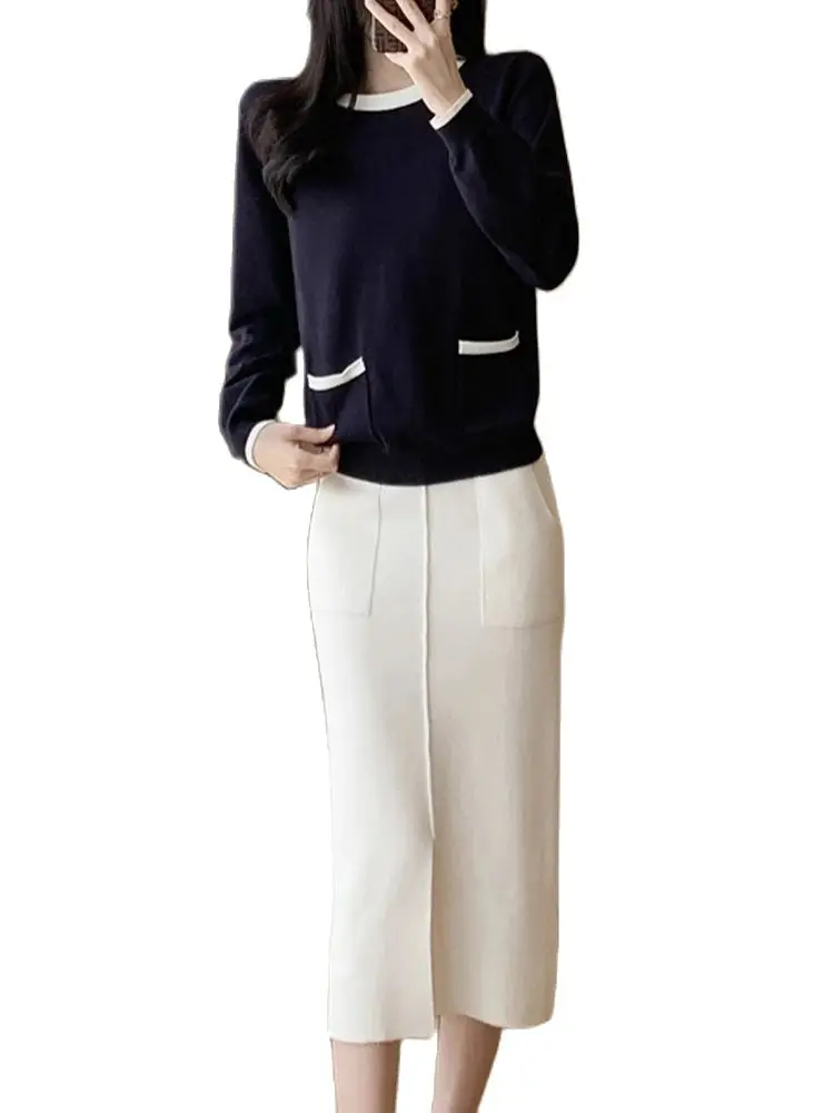 Высококачественный вязаный свитер с круглым вырезом + юбка разрезом комплект из