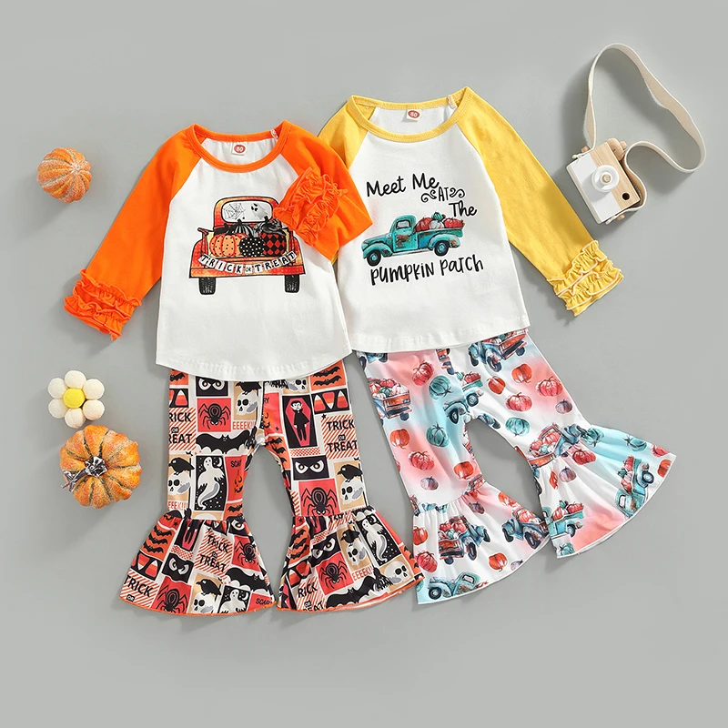

Halloween Girl Two Piece Outfits Long Raglan Sleeves Lettering Pumpkin Truck Pattern Round Neck Tops Elastic Waist Flared Pants