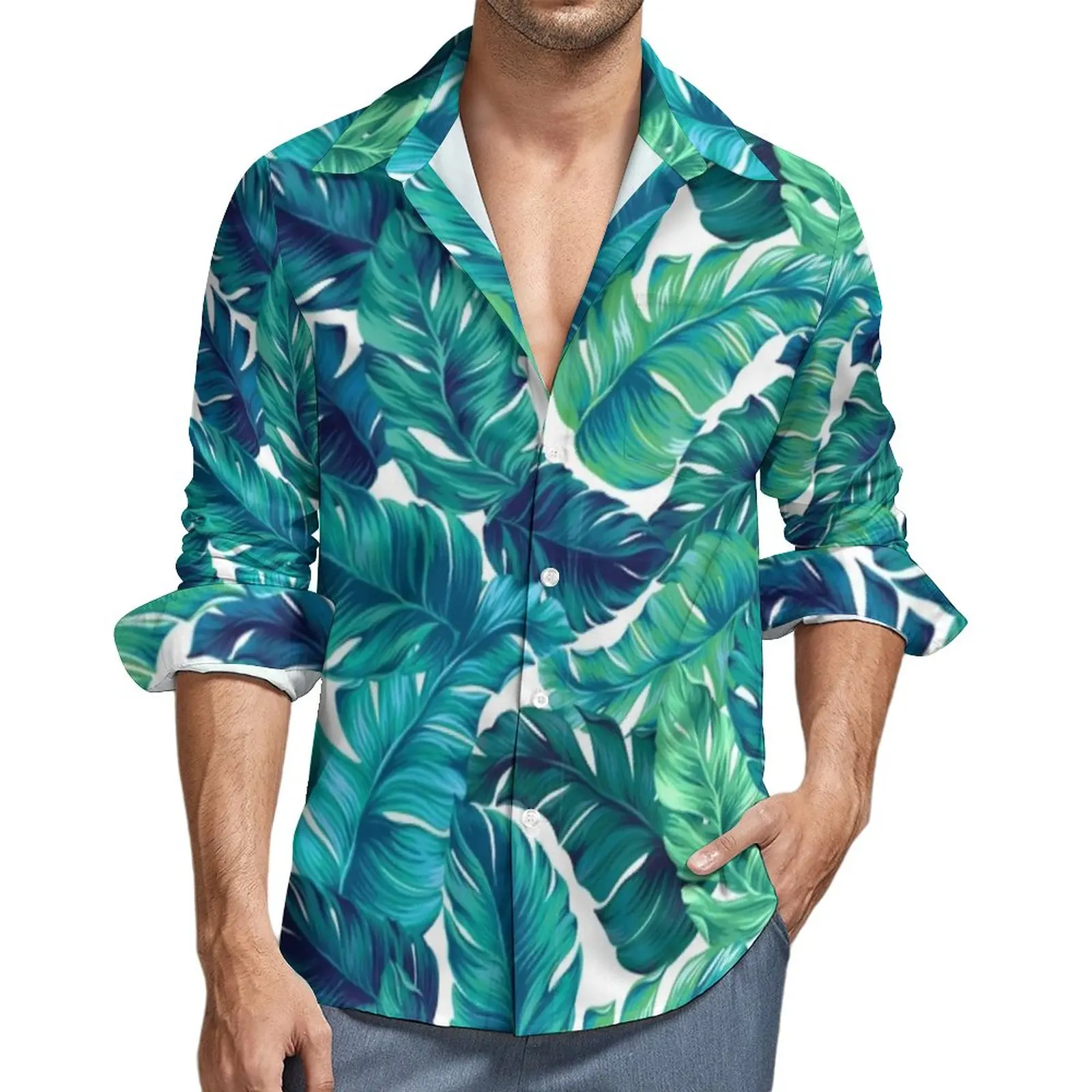 

Tropical Print Shirt Funky Banana Leaf Casual Shirts Long Sleeve Graphic Stylish Blouses Autumn Loose Oversized Clothing