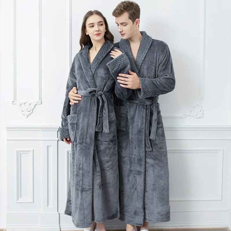 Robe For Women  Bathrobe Mens Winter Warm Flannel Sleepwear Long Sleeve Plush Shawl Male Bath-Robe Lounge Nightgown Home Clothes
