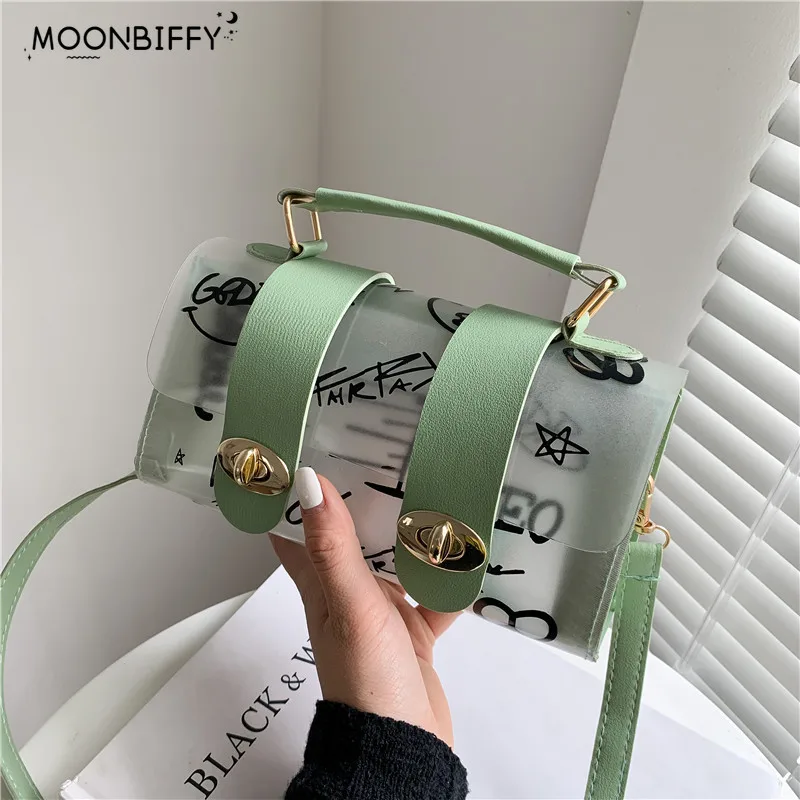 

2022 New Women Shoulder Bag PVC Transparent Graffiti Messenger Female Bag Small Designer Handbag Purse Crossbody Bags for Women
