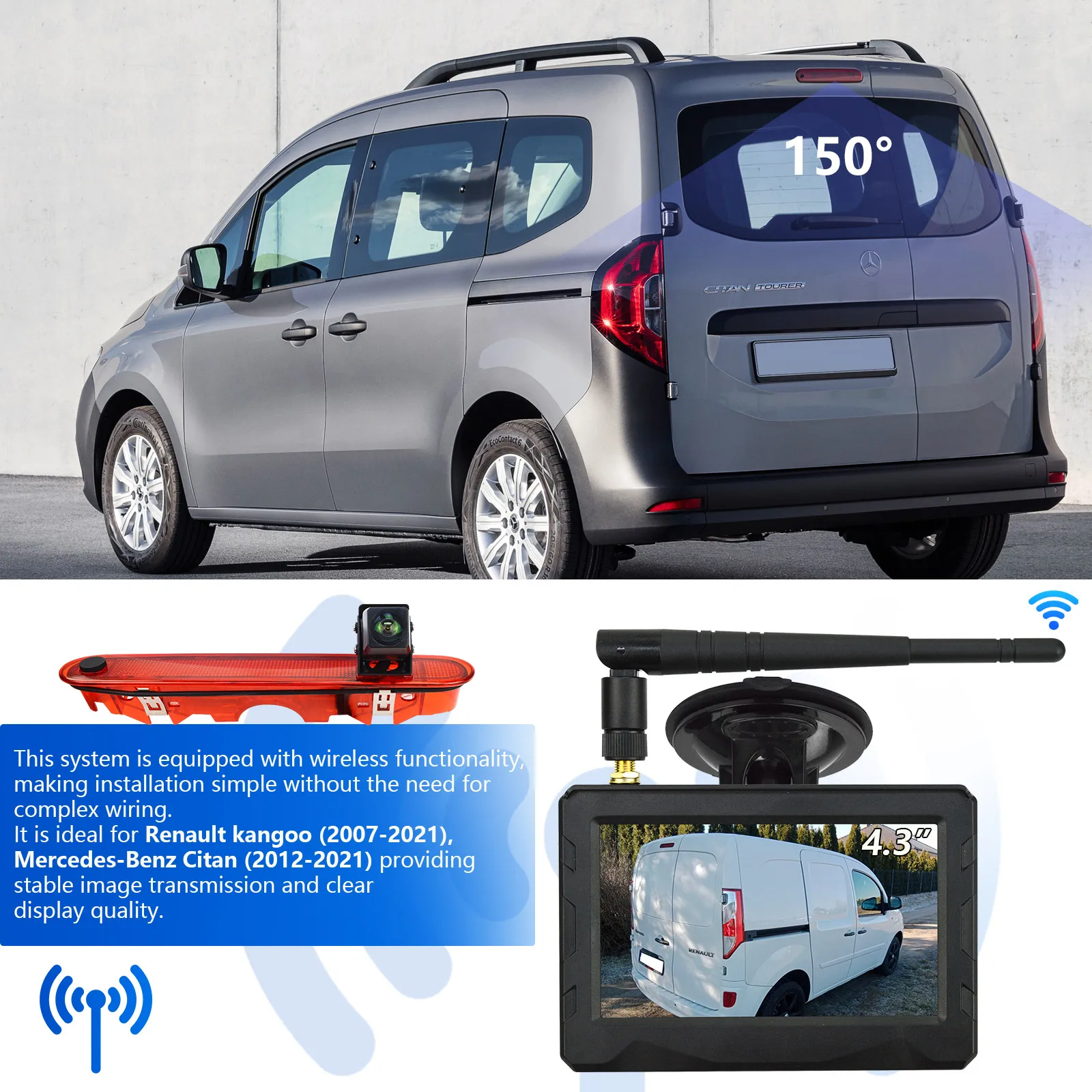 Фото Подходит для Mercedes Benz Citan 2012-2021, Renault Kangoo (2007-2021), комплект беспроводной камеры заднего вида с 4,3-дюймовым дисплеем. №2
