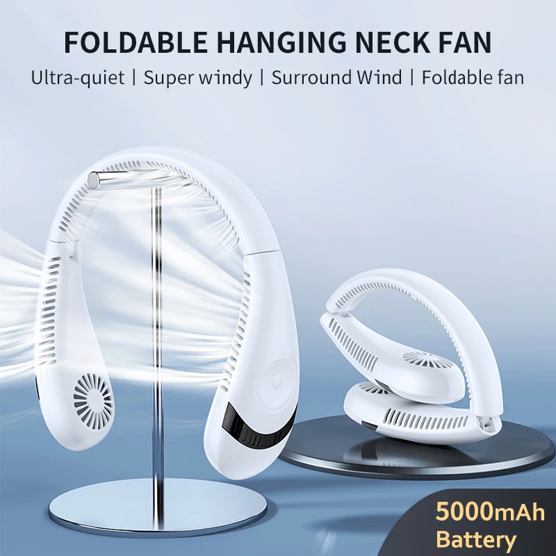 

Portable 360 Degree Adjustable Electric Ventilador USB Rechargeable Cooling Sports Efocus Hanging Fan 5000mAh Leafless NeckFan