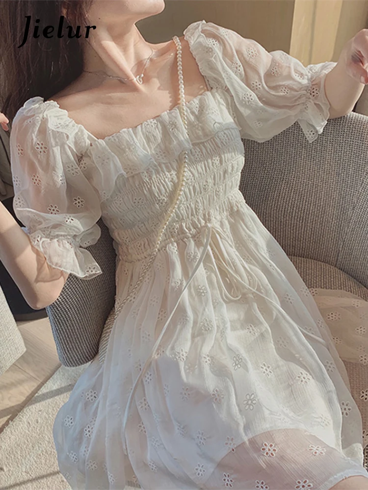 

Белое Кружевное шифоновое платье Jielur с пышными рукавами в Корейском стиле, элегантное винтажное платье в японском стиле, женская одежда 2022