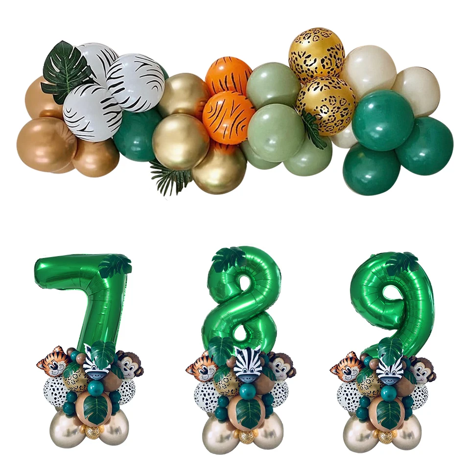

1set 1-9 Green Number Balloon Tiger Monkey Foil Balloons Tower for Kids Jungle Safari Birthday Wild Animal Party Decorations