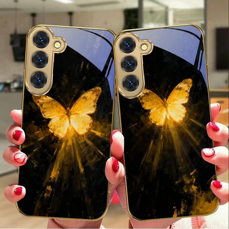 Фото Загадочный чехол-бабочка для Samsung Galaxy S26 S20 FE S21 Plus S22 S23 Plus S24 Ultra S25 S21+ S9, золотой, стеклянный №4
