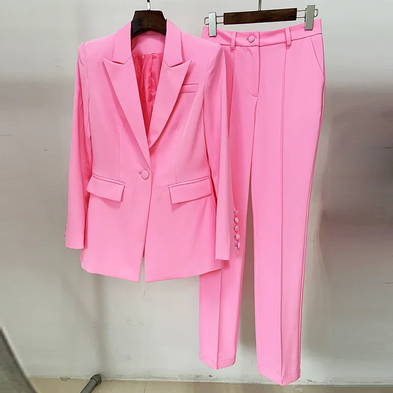 

Pink Runway Design Pant Suit Set Women's Single Button Blazer Pants Suit Elegant Female Ourfits Korean Lady Blazer Sets Clothes