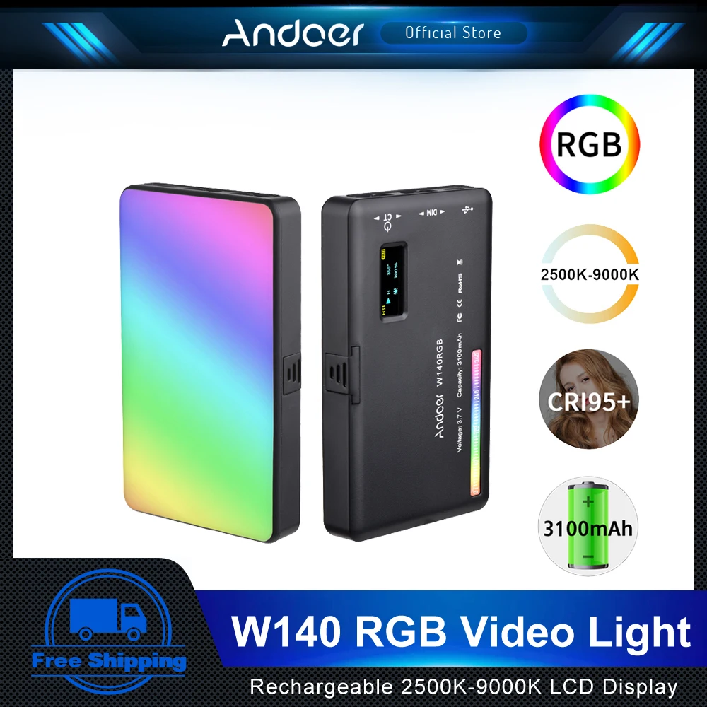 

Andoer W140 RGB LED Video Light Photography Fill Light 2500K-9000K with LCD Display Cold Shoe Adapter for Vlog Live Streaming