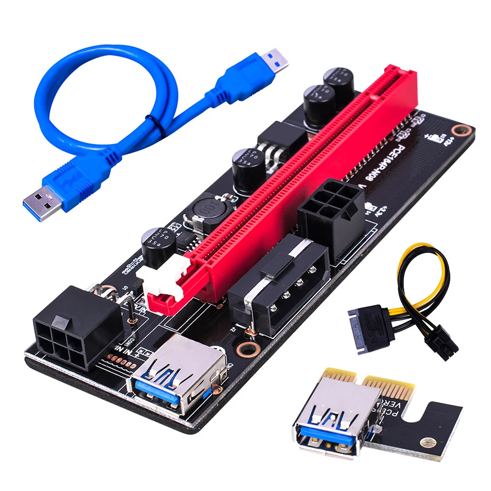 

6pcs New Upgrade VER009S USB 3.0 PCI-E Riser PCI-Express 1X 4x 8x 16x Extender pcie Riser Adapter Card SATA 15pin to 6 pin Power