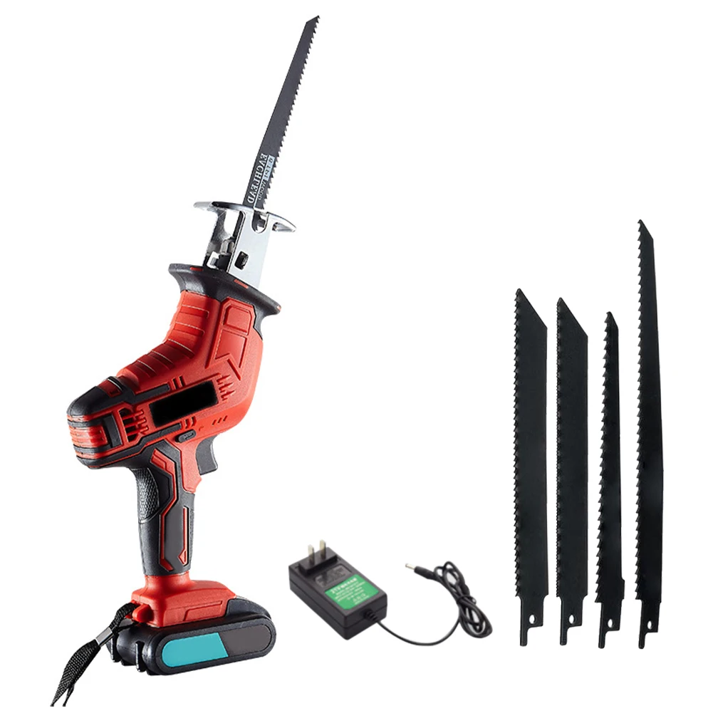 

21V Cordless Electric Reciprocating Saw Variable Speed Portable Electric Saw With 4pcs Saw Blades Metal Wood Cutting Tools