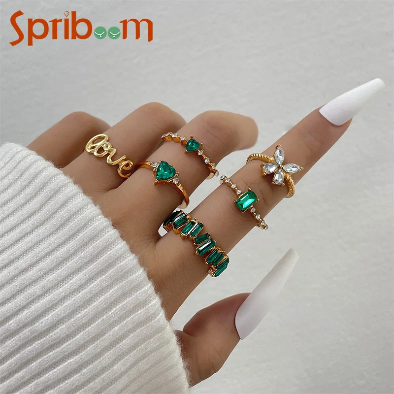 

Green Rhinestones Butterfly Rings Set for Women Love Heart Knuckle Ring Bohemian Jewelry Female Party Vintage Accessories 6Pcs